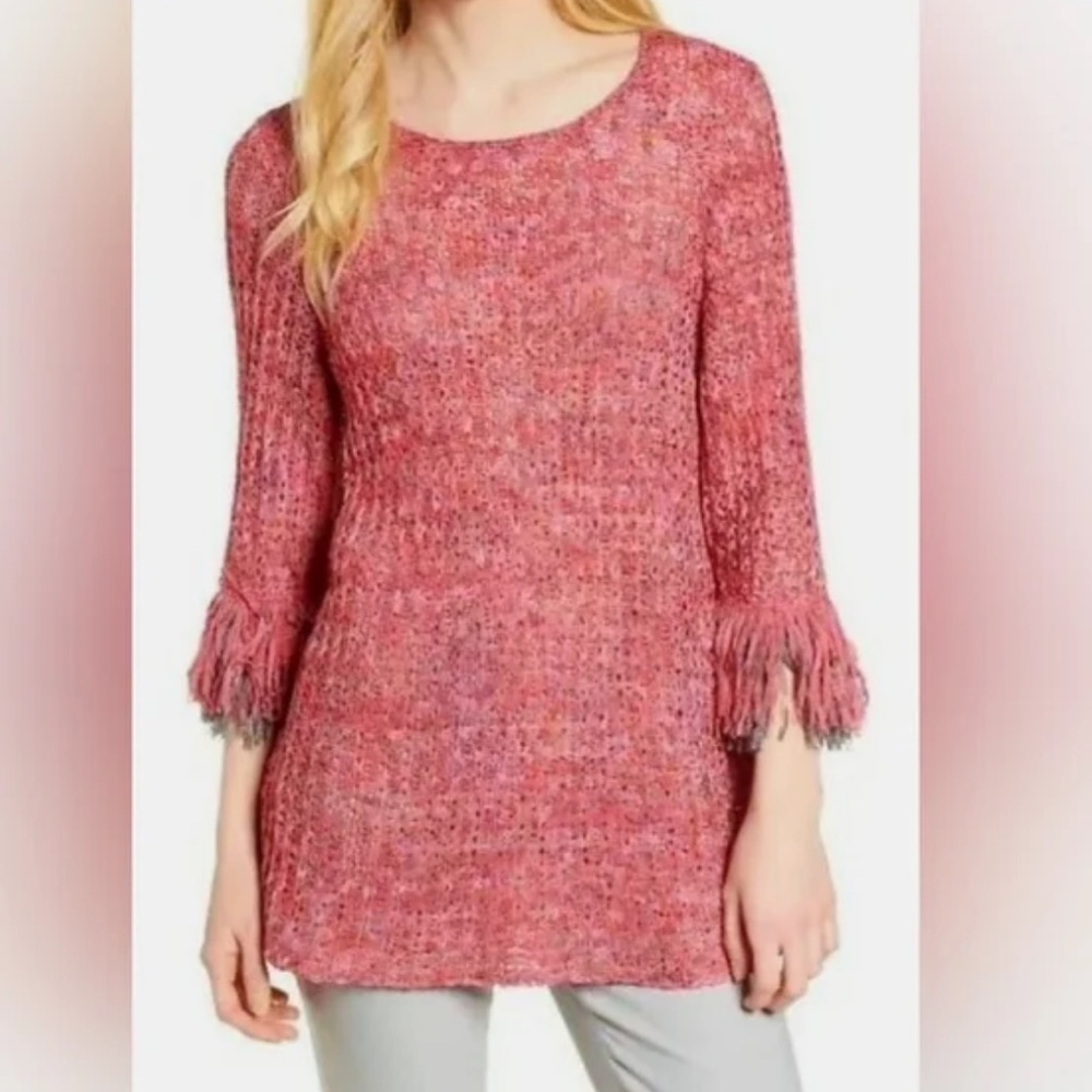 NIC + ZOE Woven Macrame Ribbon Fringe Sleeve Sweater
